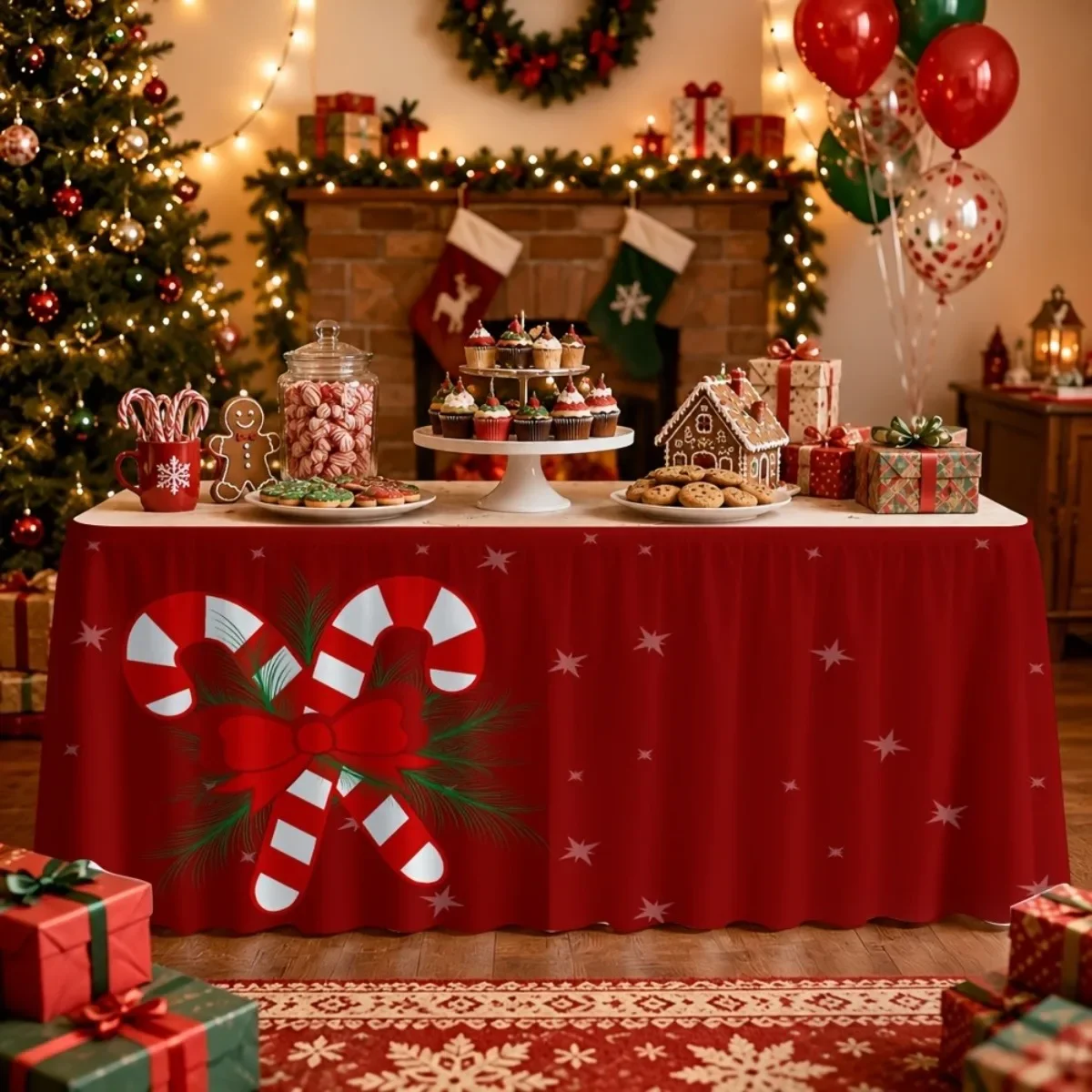 1pc Party Table Skirt, Red Base Stick Candy Christmas Theme Table Skirt, Simple and Festive Holiday Style Tablecloth Table Skirt