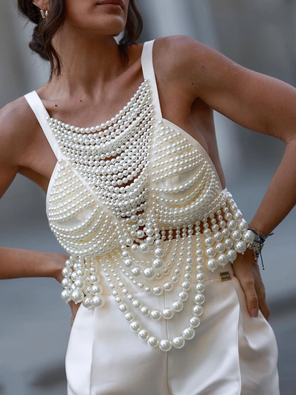 Modphy Fashion Pearl Beading Tops Women 2024 V-neck Handmade Bra Top Ladies Party Female Elegant Vest Tops