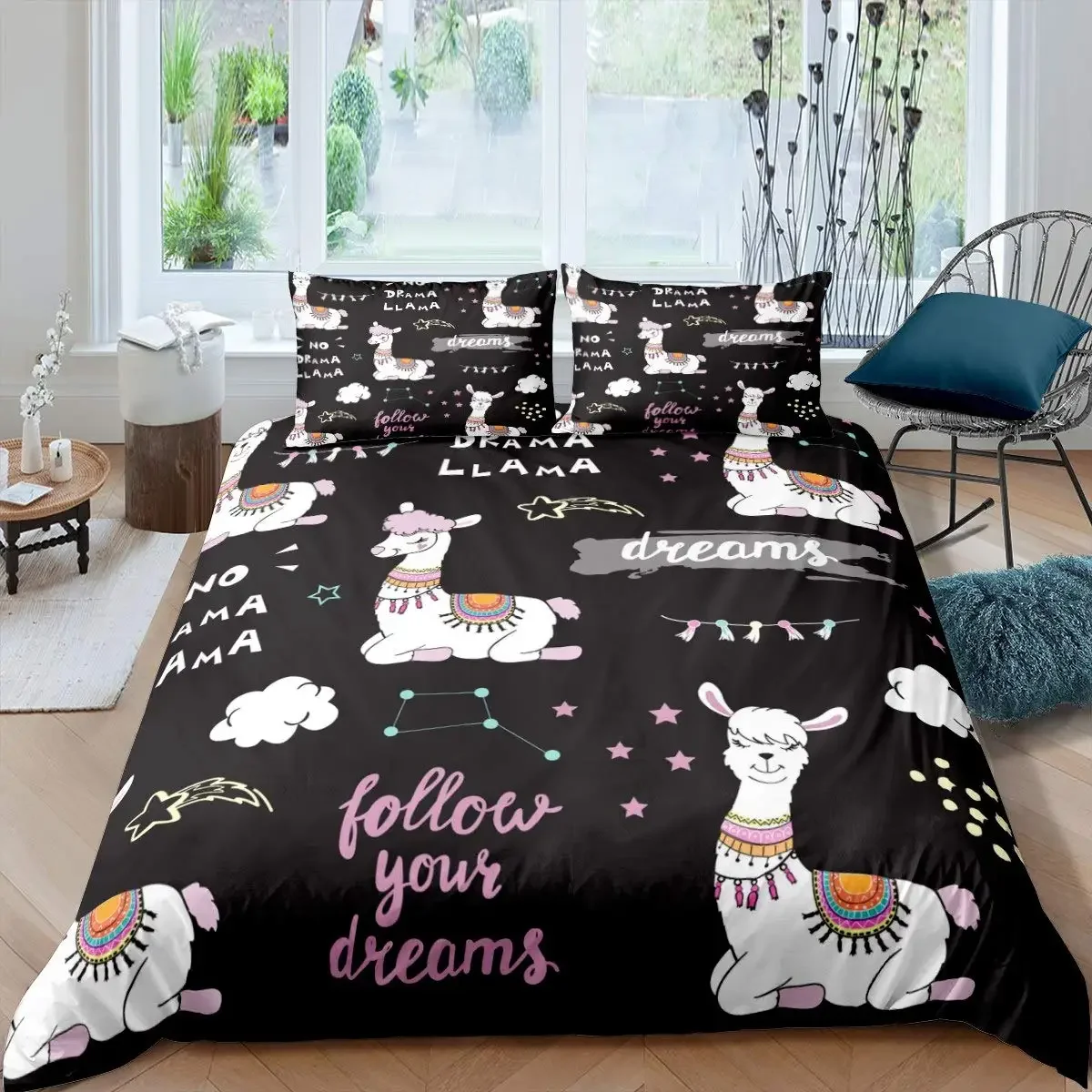 Lovely Cartoon Alpaca Llama Cactus Print Boys Girls Duvet Cover Set Full Size for Kids Teen Bedding Set Comforter Cover Decor