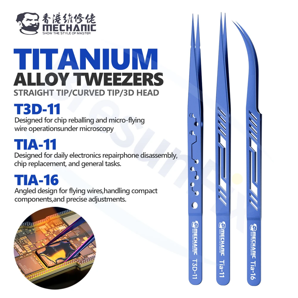 

MECHANIC Tia-11/16 T3D-11 Titanium Alloy Tweezers Straight/Curved/3D Head for Mobile Phone PCB Chip Repair Flywire Clamping Tool