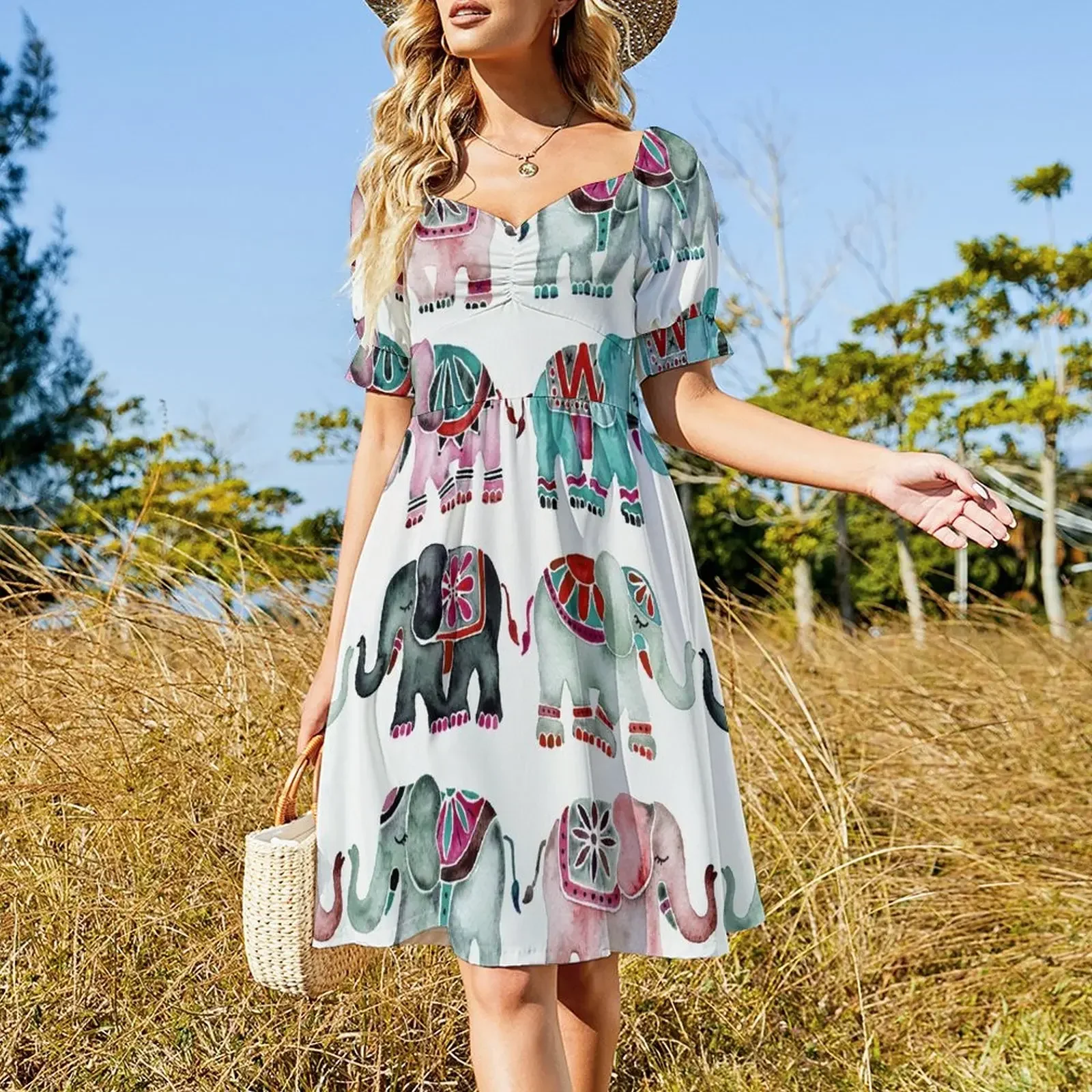 Elephant Collection – Turquoise & Coral Palette Sleeveless Dress Woman fashion Dress