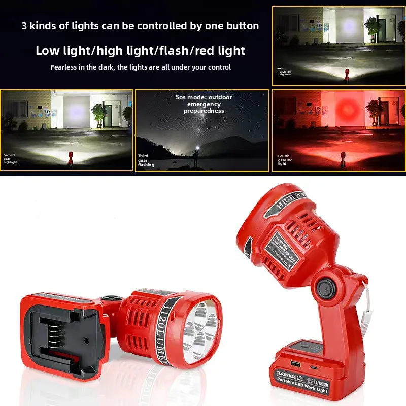 Senter untuk Milwaukee untuk Baterai Dewalt 20v Lampu Kerja LED 12W Lampu Sorot Portabel dengan Port USB Kepala yang Dapat Diputar untuk Berkemah