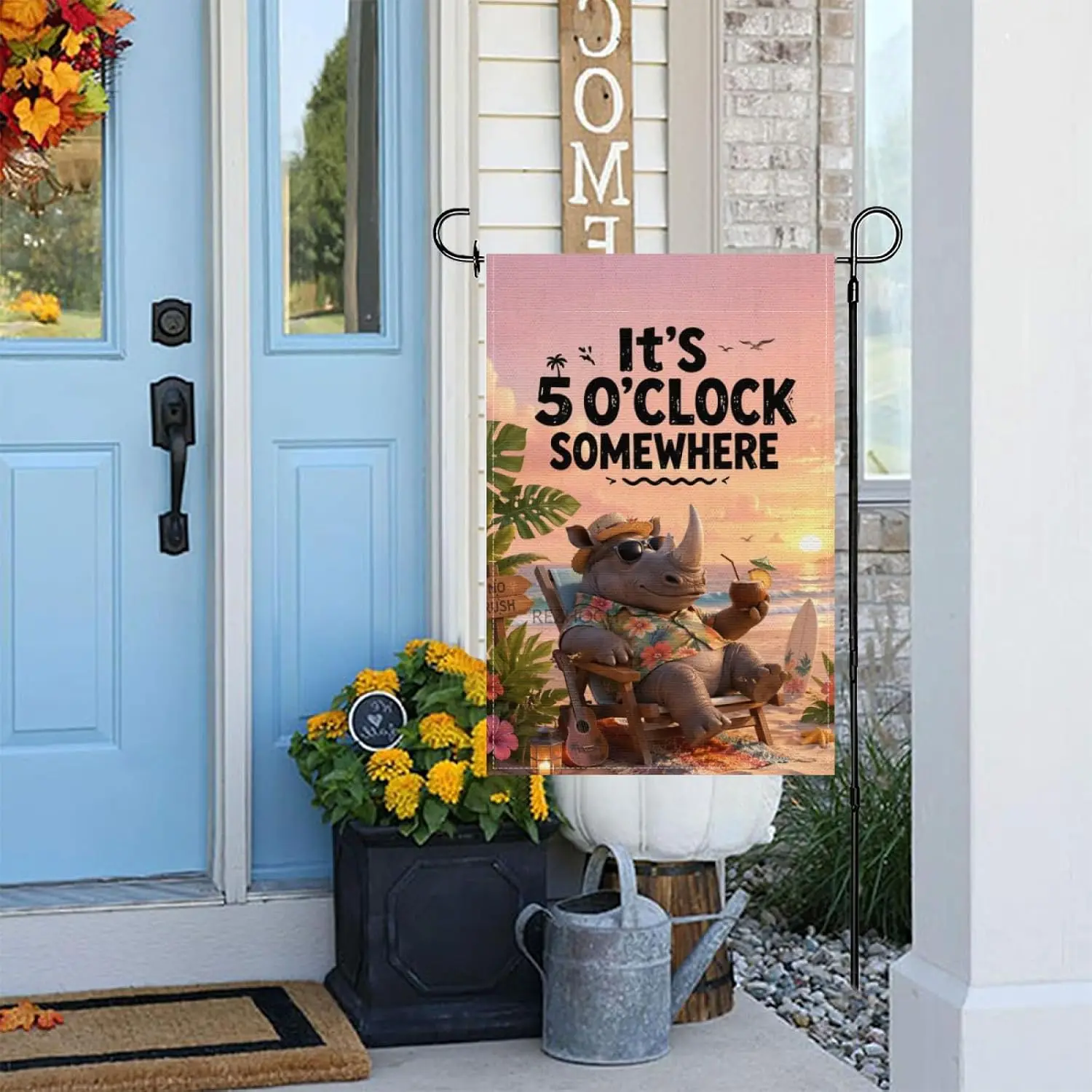 Fun Rhinoceros Spring Summer Welcome Garden Flag 12x18Inch,It’s 5 O’Clock Somewhere Beach Sunset Cute Animal Boho Outdoor Ya yyi