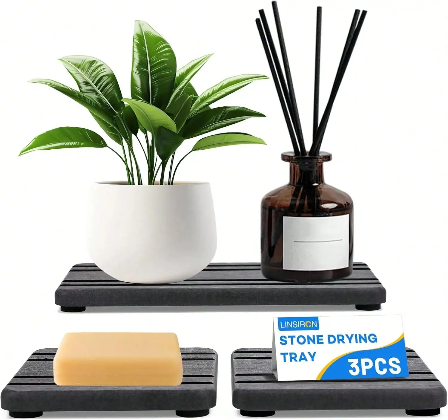 

LINSIRON 4PCS Stone Drying Tray 2 Sizes Sink Counter Soap Sponge Holder Grey (6.3x3.2/3.2x3.2in)