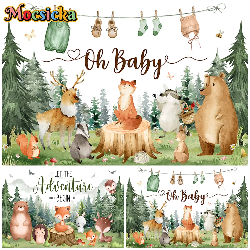 

Mocsicka Woodland Animals Tapestry Backdrop Adventure Forest Bear Fox Deer Bunny Wall Baby Birthday Party Photography Background