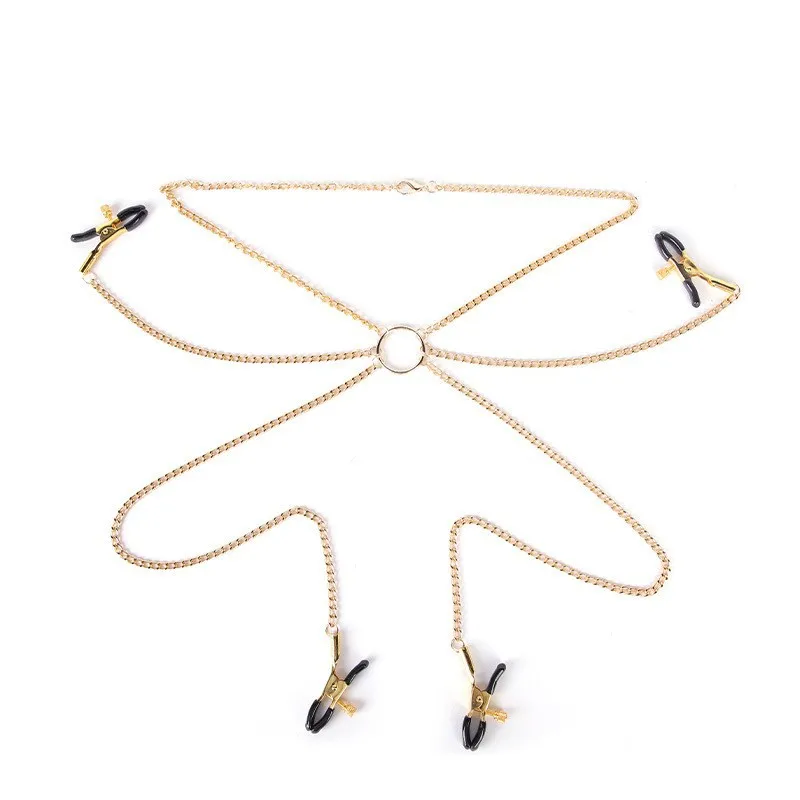 Metal Nipple Clamps with Body Chain Non Piercing Breast Labia Clips Bondage Role Play Accessory for Adult Couples