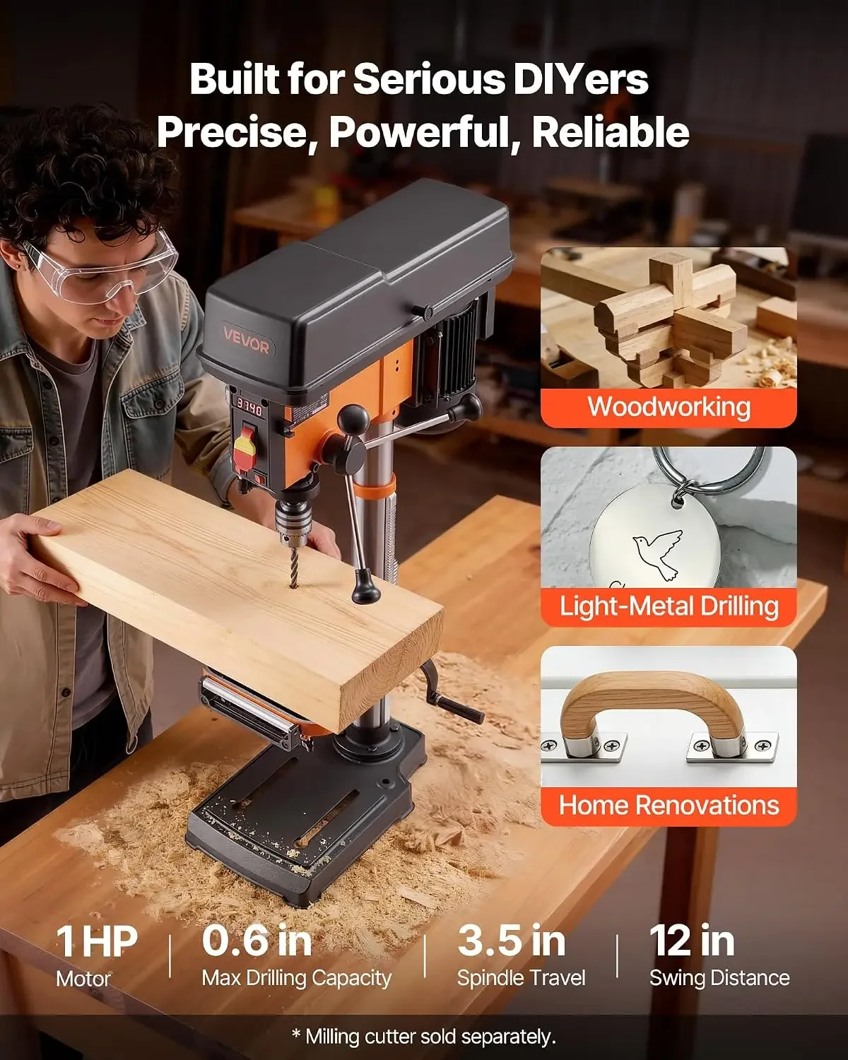 12-Inch Benchtop Drill Press, 6.2 Amp, 1 HP Bench Drill Press, 530 to 3140 RPM Variable Speed, 0-45° Tilting Worktable, with Las