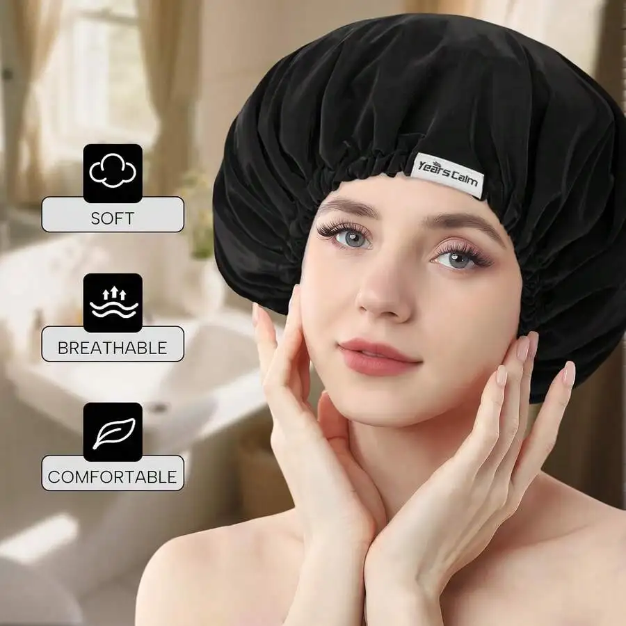 

Reusable Waterproof Shower Cap Double Layer Hair Cap With Elastic Band For Women Spa Travel Cleaning Black