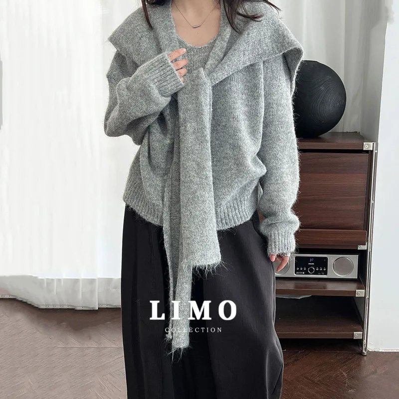 

LIMO 2025 Autumn Winter Women's Knitwear Two Piece Set Cozy Cable Knit Sweater with Matching Shawl Cardigan Tunic Office