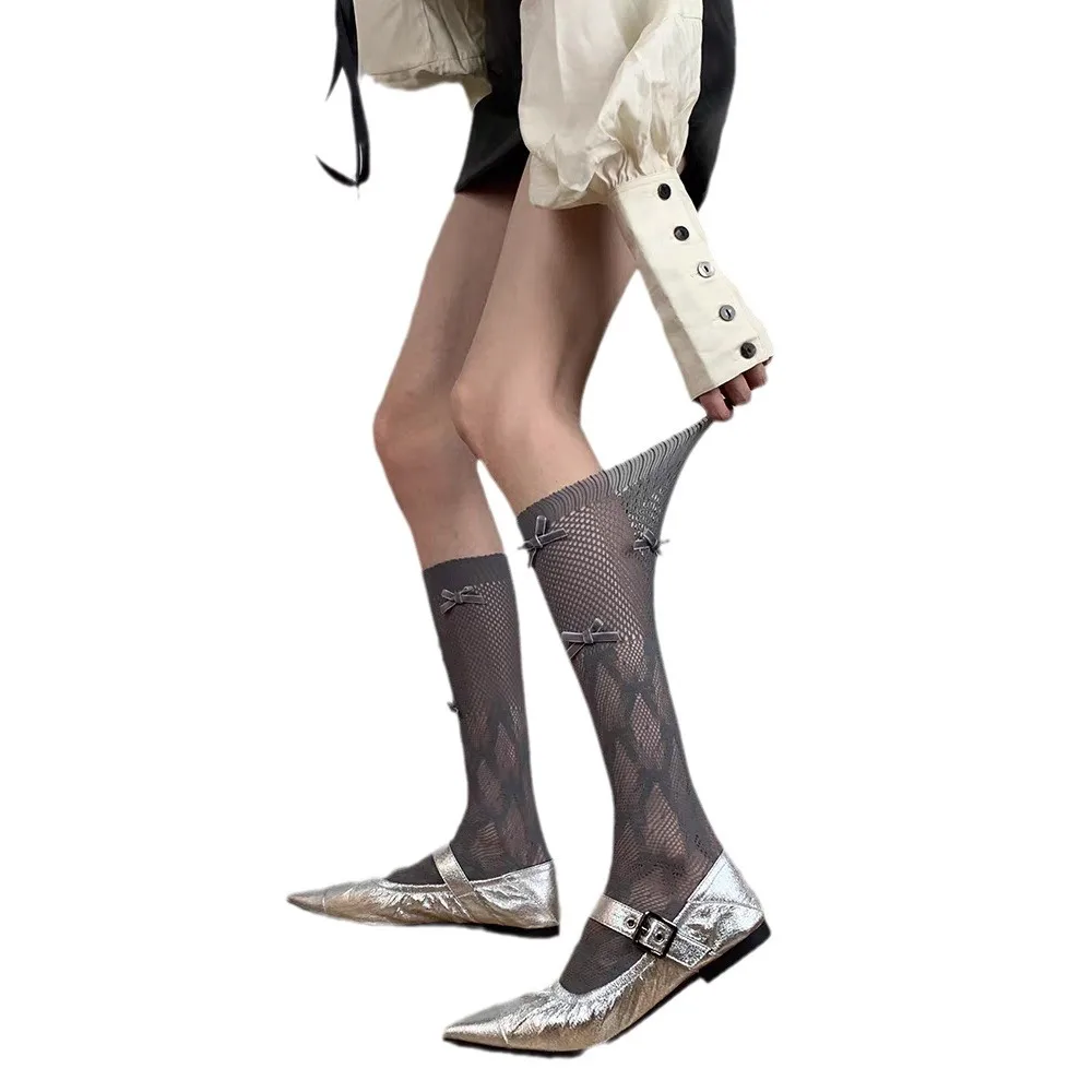 女子高生のコーヒーブラウンだらしないメッシュニーハイソックスちょう結びレース網タイツ甘い整形ふくらはぎソックスカジュアル/パーティー用