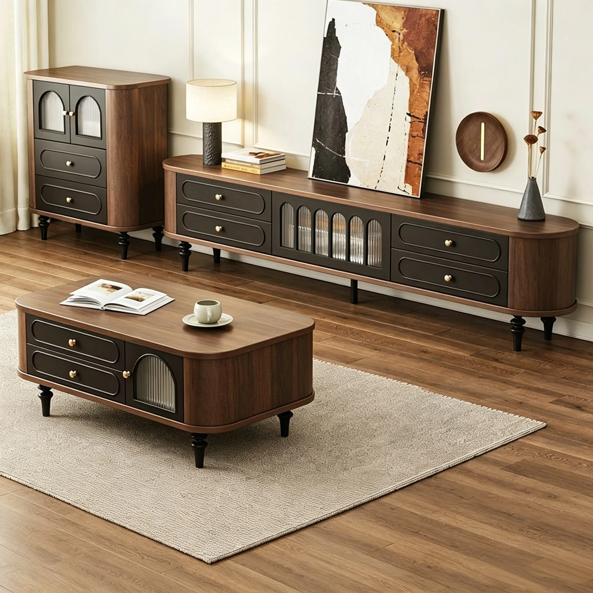 New Chinese TV Cabinet Simple Medieval TVCabinet Solid Wood French Retro Home Tea Table Two-piece Set SideCabinet