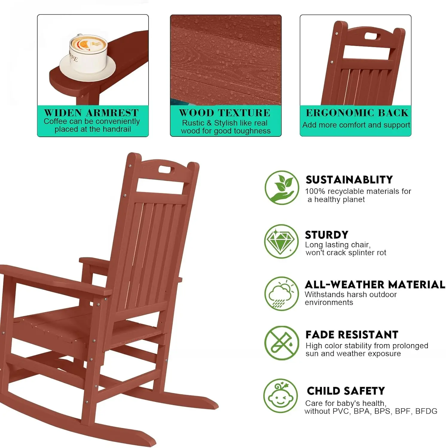 كراسي هزازة خارجية HDPE مناسبة لجميع الأحوال الجوية مع مسند للقدمين للبالغين، تجميع جهد، هزازات فناء الشرفة