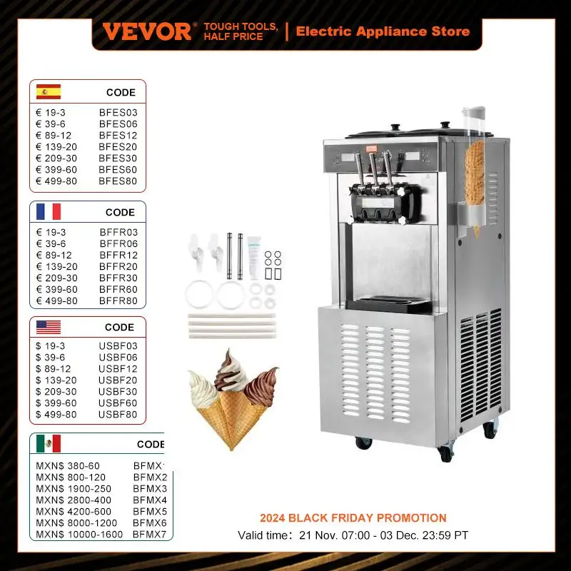 VEVOR Commercial Soft Ice Cream Machine 3 Flavors PreCooling LED Panel Allows Single Cylinder Use Overnight Refrigeration