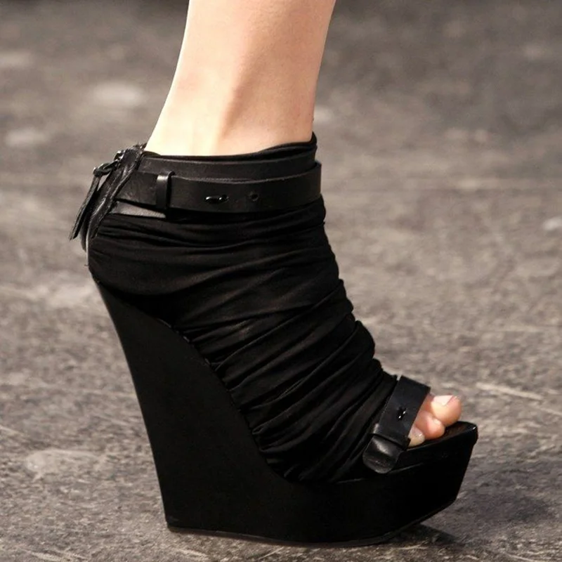 

Peep Toe Wedges Pleated Patchwork Ankle Boots Matte Leatehr Sexy Pointed Toe Accetp Customized New Arrivals Fashion Women Boots