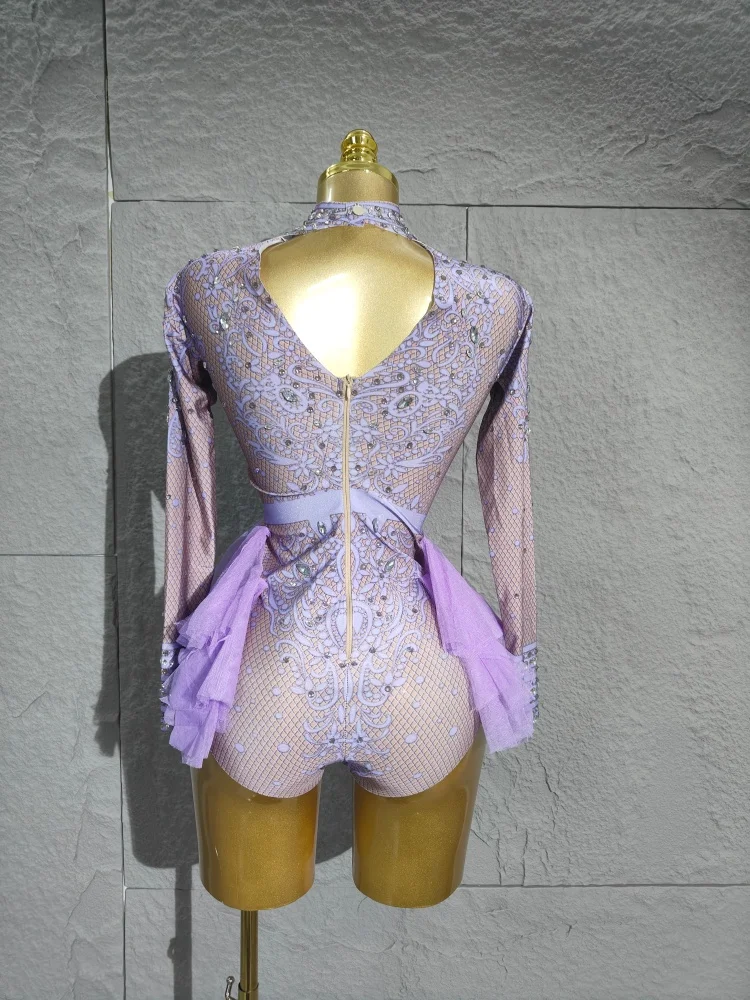 2025 strass scintillants body femmes élastique rose maille volants cristal justaucorps discothèque danseur Costume scène porter tenue de fête