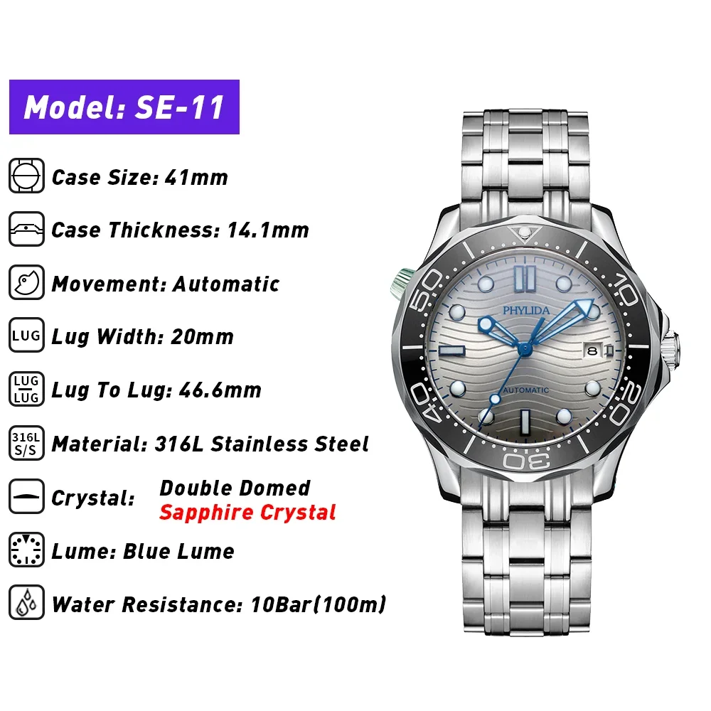 PHYLIDA 41mm Sport Diver Watch Silver Dial Sapphire Crystal Watches for Men Automatic Stainless Steel