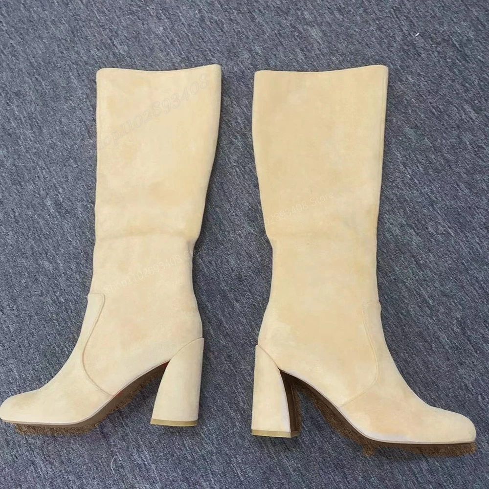 

Beige Suede Mid Calf Boots Round Toe Side Zipper Chunky High Heels Concise High Quality Women Shoes 2023 New Zapatos Para Mujere