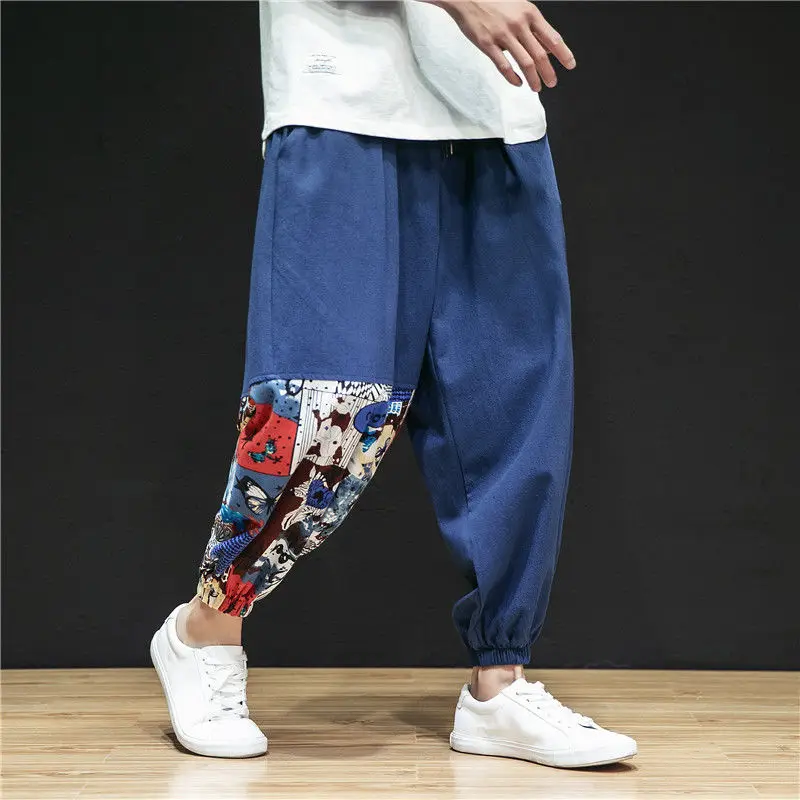 Chinese Style Cotton Linen Trousers 2024 Summer New Men's Trendy Loose Spliced Printed Elastic Drawstring Casual Harlan Pants