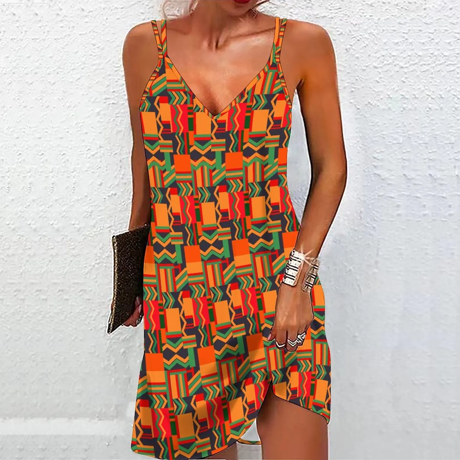Women Spaghetti Strap Mini Dress Colorful Paint Splash Print Deep V Neck Side Slit Sleeveless Casual Summer Party Slip Dress