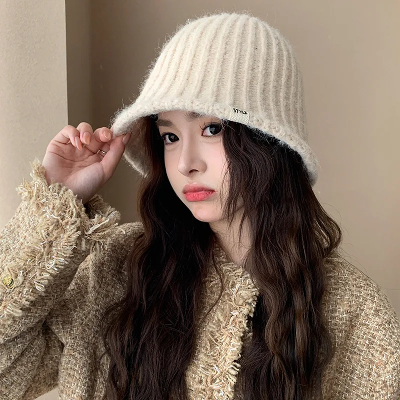 

Korean Fashion Simple Wool Knitted Hat Bucket Hat for Women Autumn Winter New Big Head Girth Show Face Small Warm Fisherman Cap