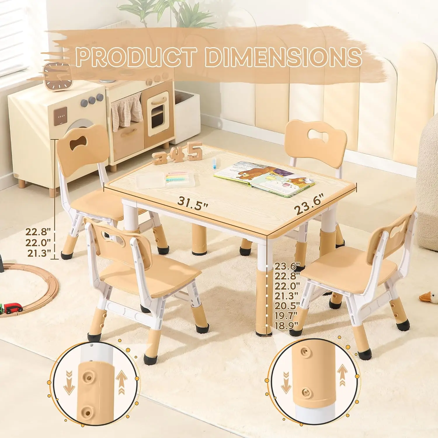 Table et chaises avec couvre-pieds coordonnants pour tout-petits, table d'activité pour enfants, ensemble de 4 chaises, 31.5 po, L x 23.6 po, W