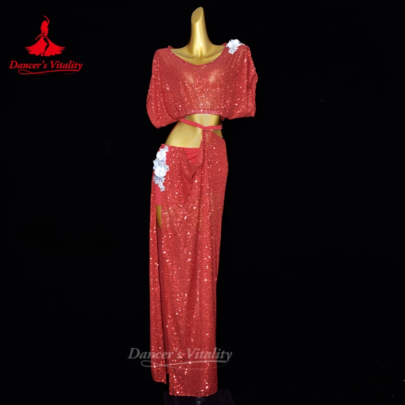 Belly Dance Costume Suit Women\'s Customized V Neck Short Sleeved Top+Split Long Skirt 2ps Oriental Dance Performance Costumes