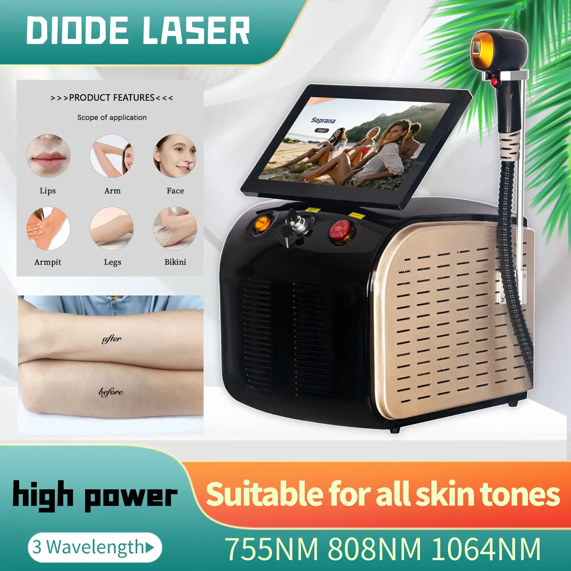 Super high power Diode Laser Hair Removal Machine 3 Wavelength 755NM 808NM 1064NM Factory Direct Sales Restore silky smooth skin