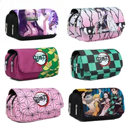 Anime Demon Slayer Pencil Case Cartoon Tanjirou Giyuu Zenitsu Nezuko Double-layer Pen Bag Student Learn Stationery Storage Bags