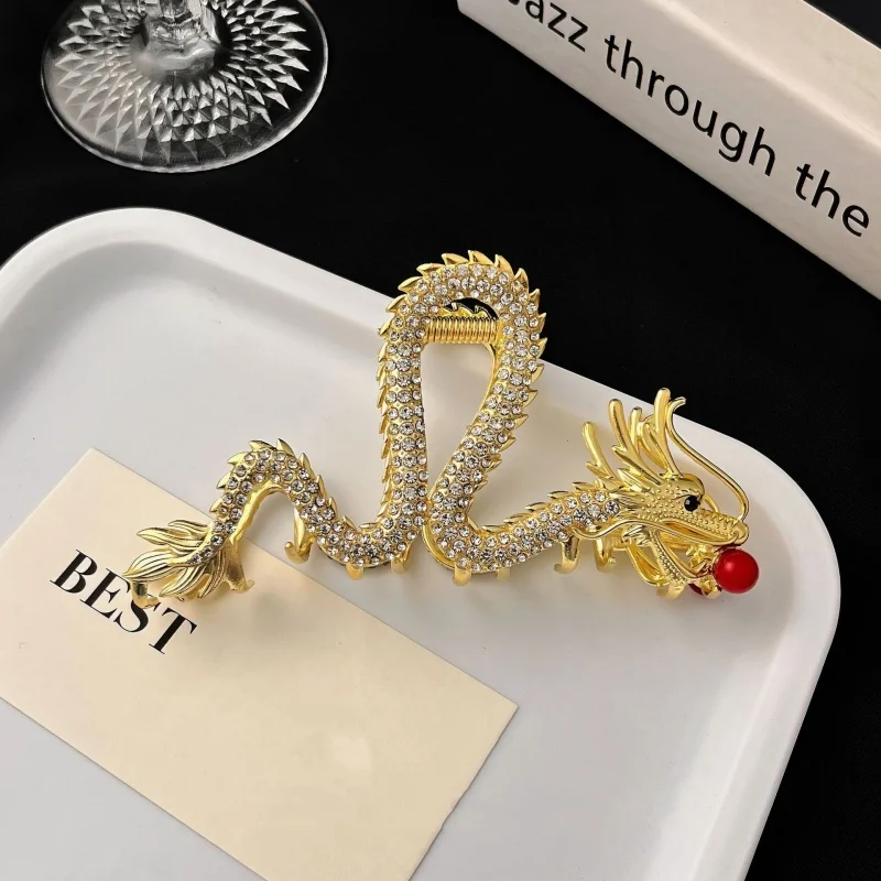 New Chinese Dragon Year Hair Clips Hair Accessories Girl Red Bead Metal Rhinestone Hair Pin Fashion Jewelry Decorative Props