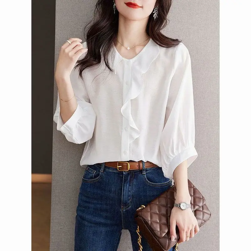 

Summer Women's Clothing Solid Color Pullover Ruffles Peter Pan Collar Lantern Long Sleeve Chiffon T-shirt Elegant Casual Tops