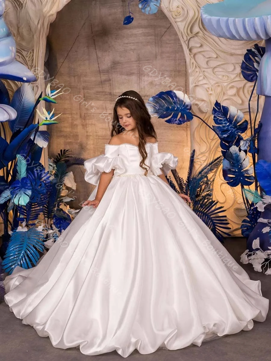 قبالة الكتف زهرة فتاة فستان لحفل الزفاف 2-14 أطفال نفخة الأكمام فرشاة قطار 1st بالتواصل فستان المسابقة مخصص حفلة الكرة ثوب