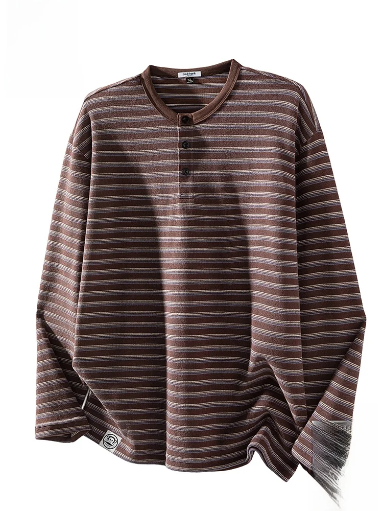 

PaulFrank Retro Striped Long Sve T-irt Men's Loose Casual Henry Collar Top Cotton Autumn Faion Youth ular Leisure