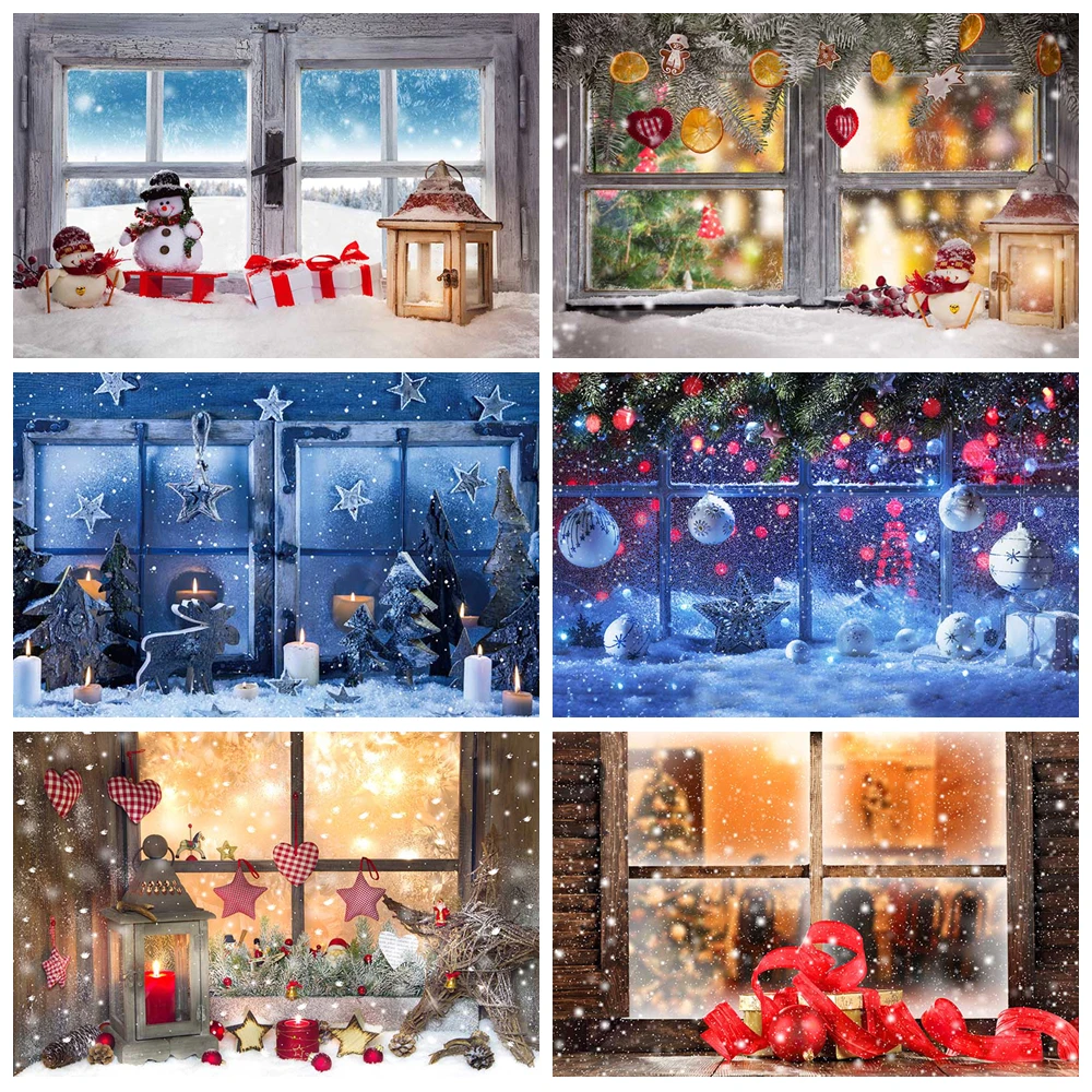 

MOON.QG Snowy Christmas Backdrops Wood Window Frame Candles Snow Backgrounds Shooting Props Photo Studio Wallpaper Anniversairy