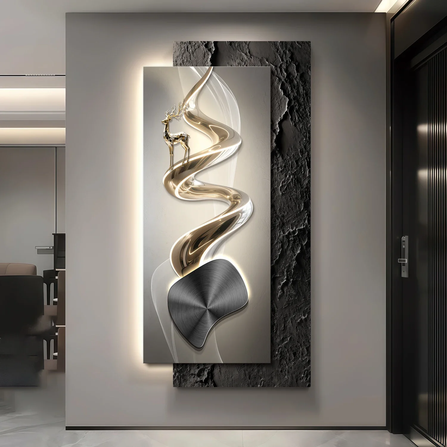 Entrance LED wall lamp - luxurious and high-end style. Modern lighting in the corridor. Entryway directly facing the door.