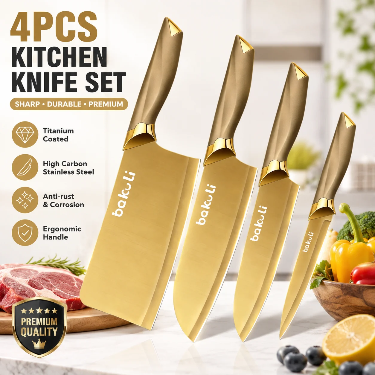 Image of 4-teiliges Gold-Küchenmesserset, Antihaftbeschichtete Titanklingen, Ergonomischer Griff, Hackmesser, Kochmesser, Allzweckmesser, Obstmesser für den Haushalt