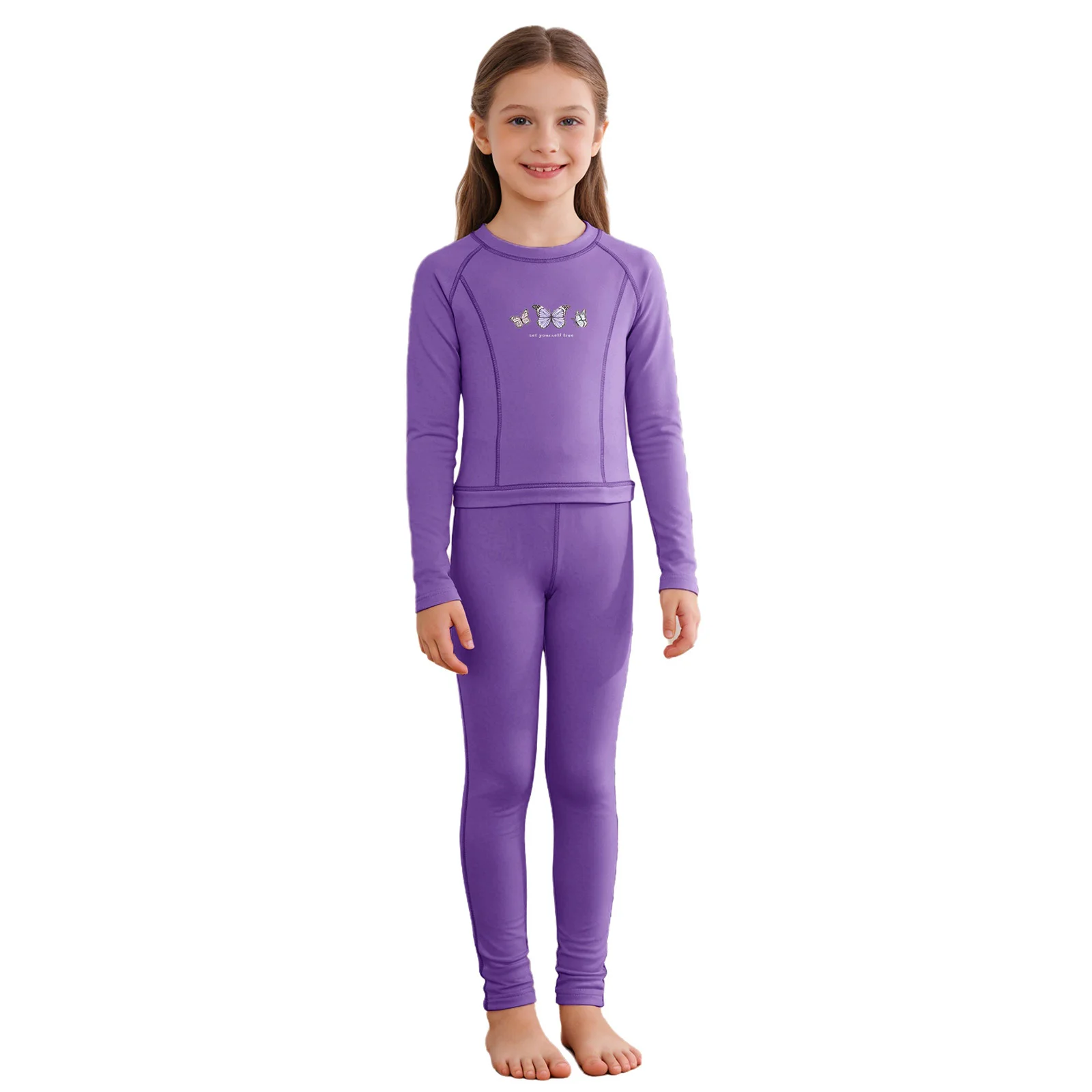 

2Pcs Kids Girls Thermal Underwear Set Base Layer Homewear Loungewear Sleepwear Long Sleeve Butterfly Contrasting Trim Top+Pants