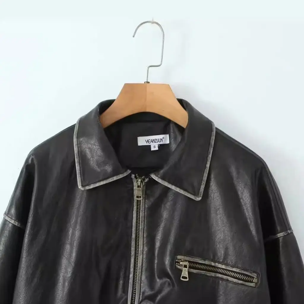 Casaco de couro retrô angustiado feminino estilo indústria pesada solto jaqueta pu escovada para moda outono para meninas quentes