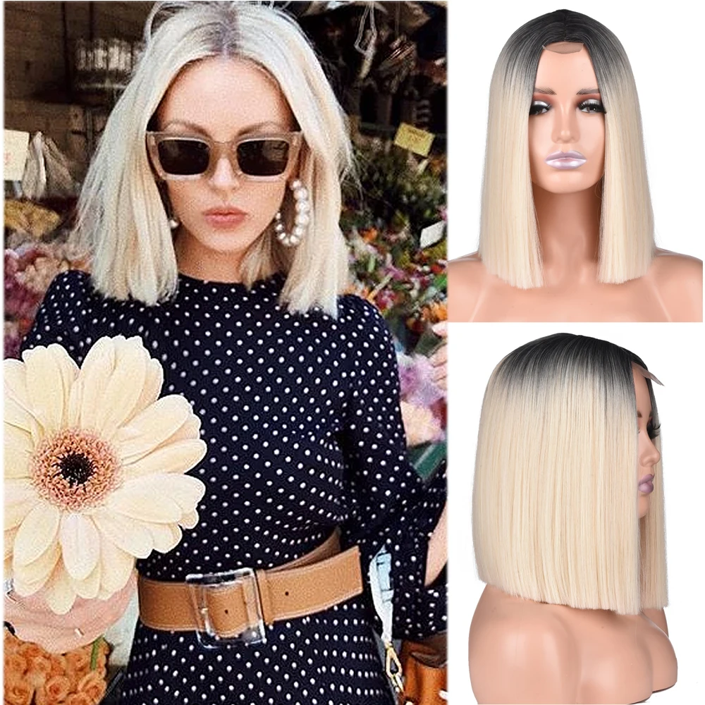 Wig Bob Sintetis Wig Bob Lurus Pendek untuk Wanita Wig Cosplay Bagian Tengah Coklat Ungu Putih Rambut Alami Tahan Panas