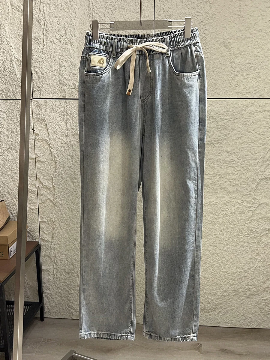 

Natural Silk Comfortable Casual Washed out Loose Straight Leg Jeans for Men Autumn Season Youth Trend Cotton Blend Fabric