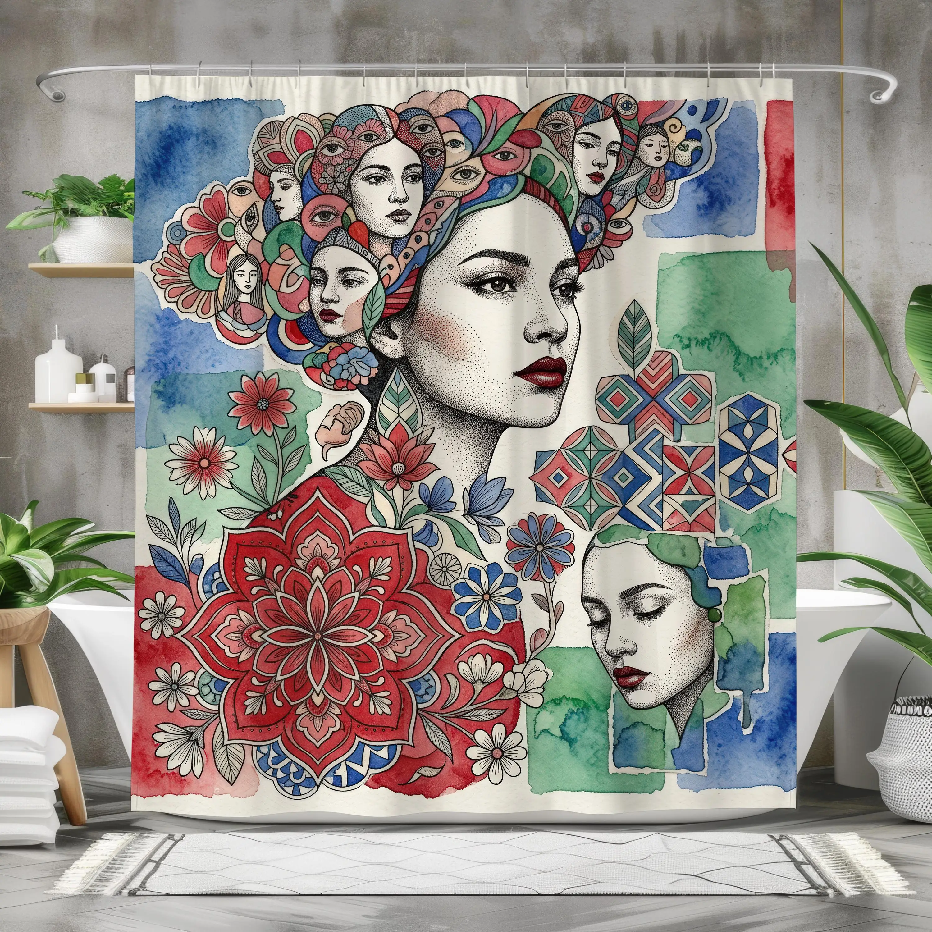 Bohemian Art Shower Curtain Bohemian Style Women Portrait Colorful Floral Design Bathroom Decor