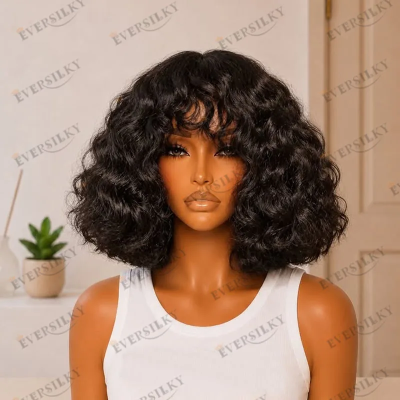 Loose Deep Wave Short Bob Natural Black Glueless Fringe Human Hair 5x5 HD Lace Wigs for Black Women with Bangs Natural Hairline