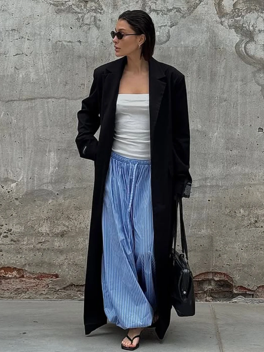 Bornladies 2025 الصيف المرأة القطن الأزرق رقيقة مخطط فضفاض فانوس السراويل مرونة الخصر عادية الشارع بنطلون