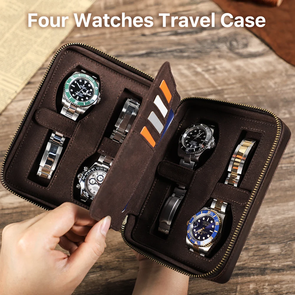 Handmade Genuine Leather Watch Box Organizer 4Slots Watch Case Portable Travel Storage Card Holder Display Zipper Jewelry Casket