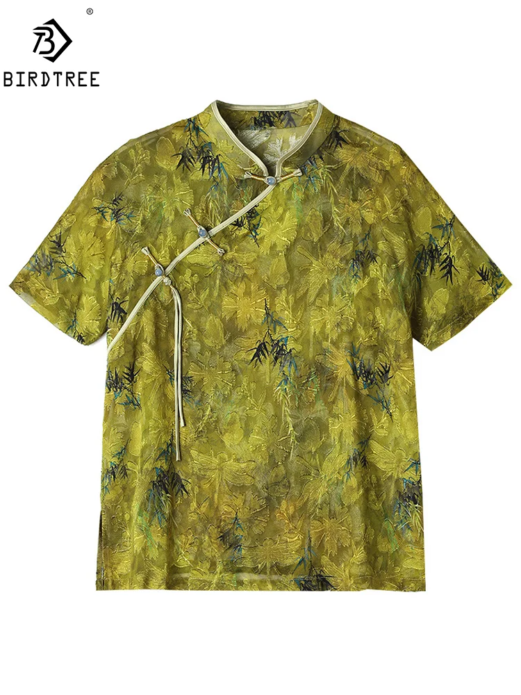 

BirdTree, 48% Real Silk Chinese T Shirt, Women Stand Collar Jacquard, Loose Elegant Fashion Blouses, 2024 Summer New T44979QM