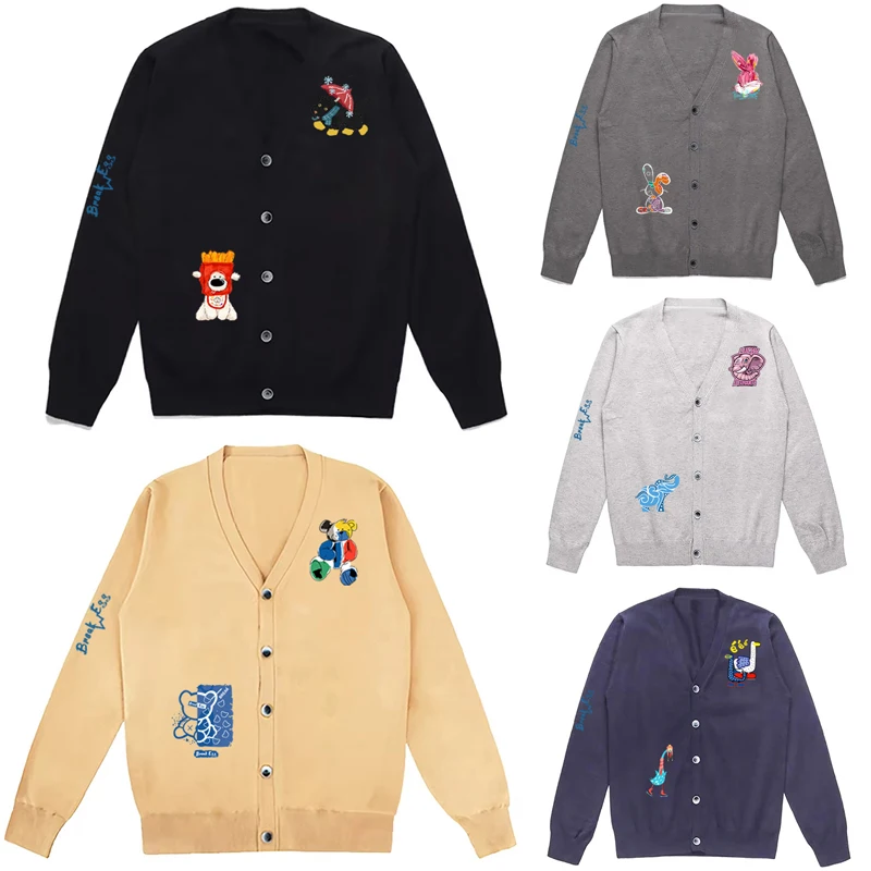 

Мужской кардиган на пуговицах из 100% шерсти с v-образным вырезом, мультяшная собака, слон, кролик, медведь, гусь, принт, прямой крой, весна-осень, повседневный трикотаж