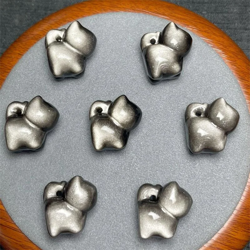 5pcs Natural Silver Obsidian Cartoon Cat Carving Healing Mini Home Decoration Healthy Children Toy Gift 20MM