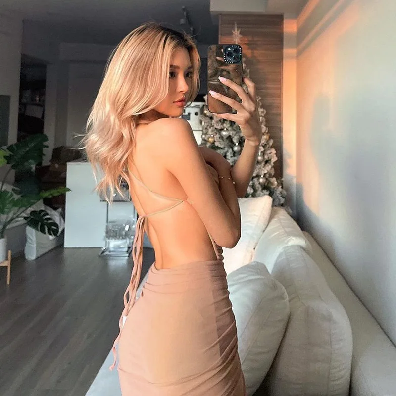 2025年ホットセール レディースファッション シースルー ハイ スリット バックレス ストラップドレス