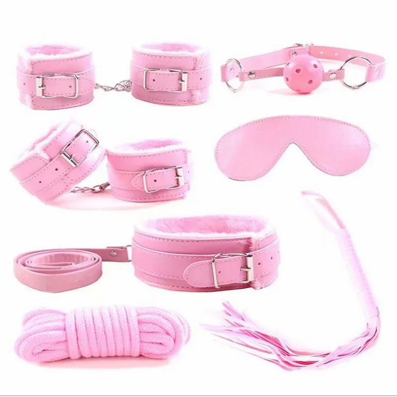 7pcs/Sexy Leather Nylon BDSM Kits Plush Sex Bondage Gear Handcuff Sex Game Whip Gag Adult Exotic Accessories Sex Toy for Couples