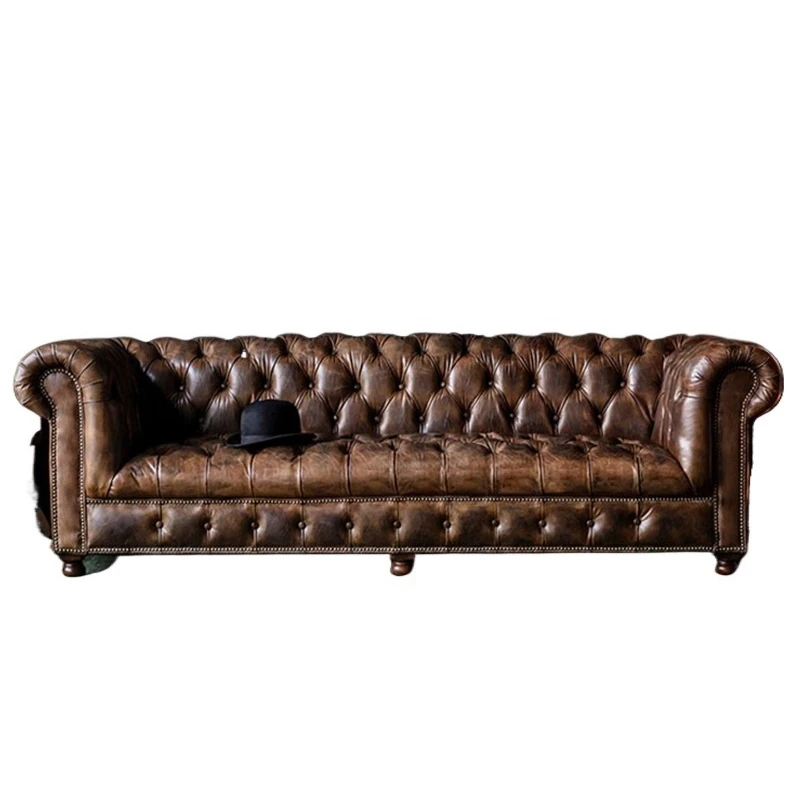 

American retro leather sofa first layer cowhide large living room villa straight row buckle