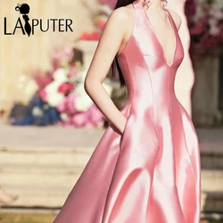 Unique Cut Pink Evening Dresses Simple Pink Satin A line Prom Gown Halter V neck Celebrity Dress Box Pleat New Design 2024